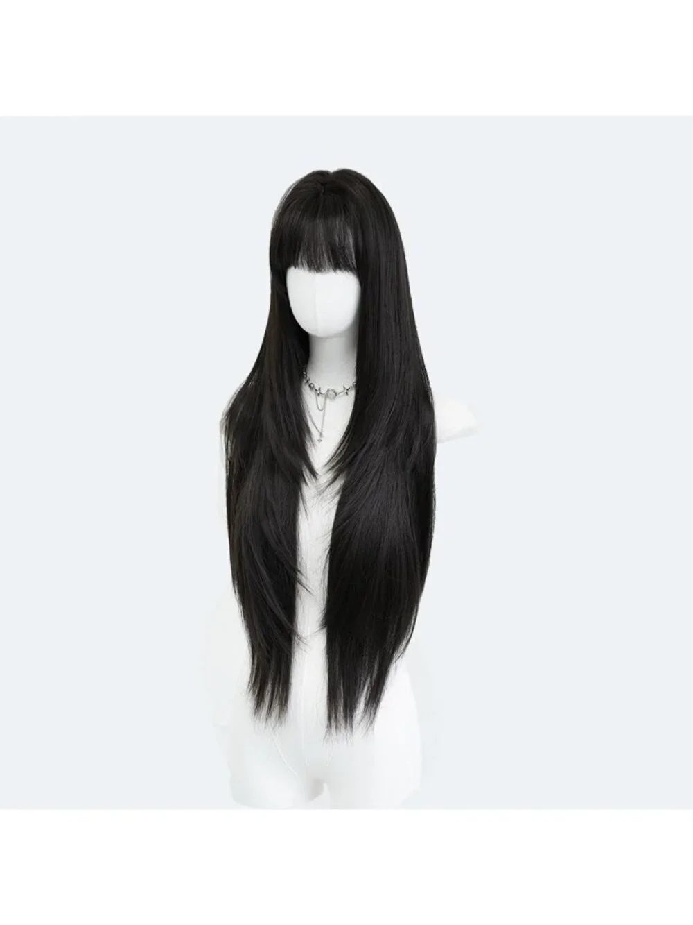Women's Natural Black Heat Resistant Synthetic Fiber Long Straight Wigs Bangs